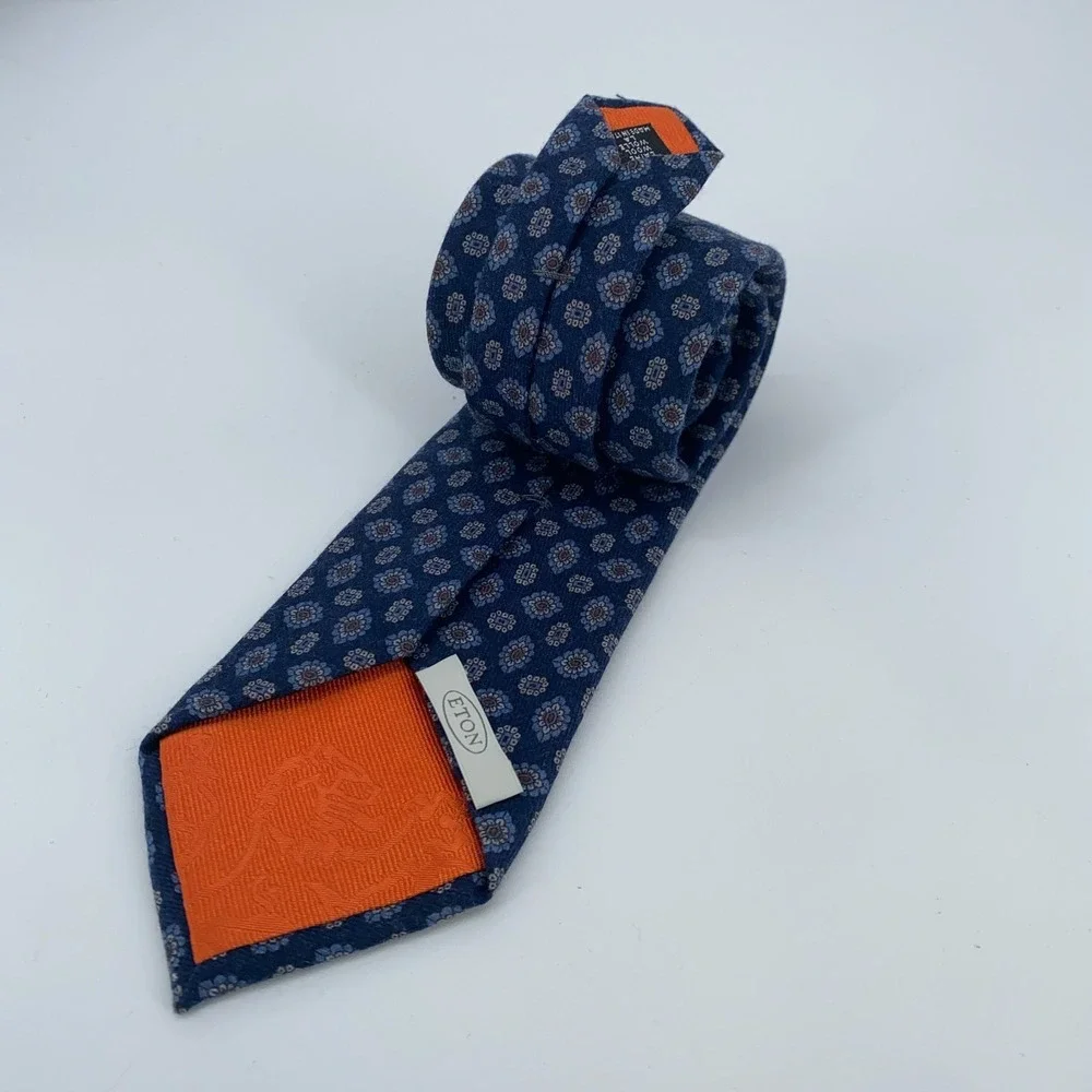 Eton Tie Mens One Size Blue Patterned Wool Classic Luxury Necktie Italy‎ Made